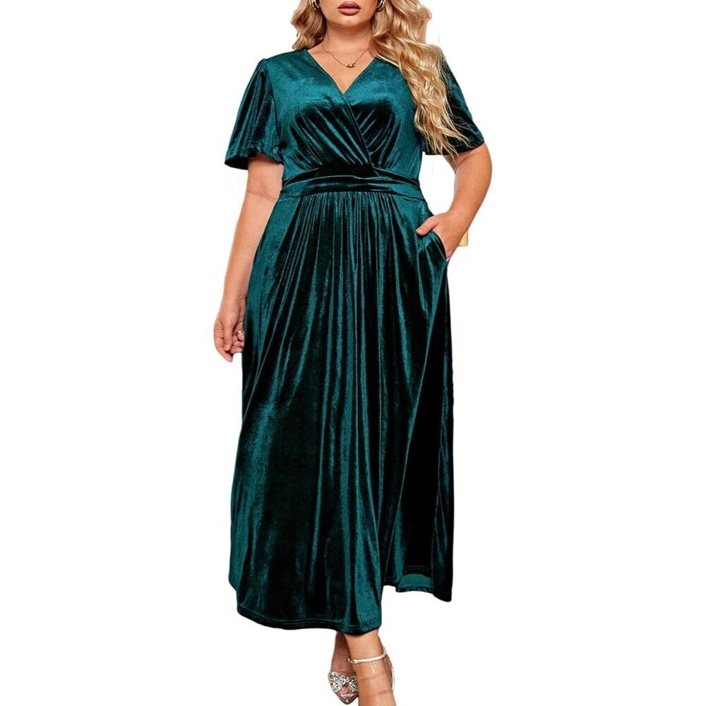 Womens Velvet Maxi Dress Plus Size Short Sleeve V Neck Empire Waist